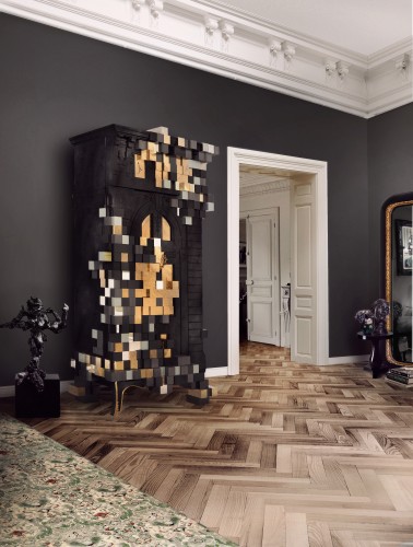 Piccadilly Cabinet by Boca do Lobo made from poplar is the result of a meticulous craftsmanship and it’s completed in six different finishes: colored in dark and bright emerald green, black, gilded in age golden leaf.