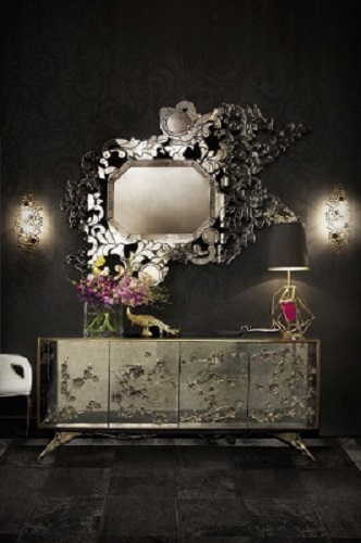 Get the look with this exuberant credenza by Koket. Who said modern and luxury wouldn’t fit the same room? High gloss black lacquer and adorns it in metal aged brass organic lace, revealing a mesmerizing hint of what lies beneath.