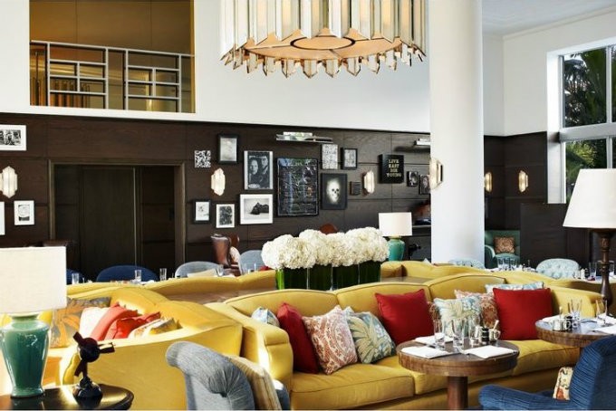 Soho Beach House Hotel Lobby Design. Colorful contemporay seating Area by Martin Brudnizki Design Studio.